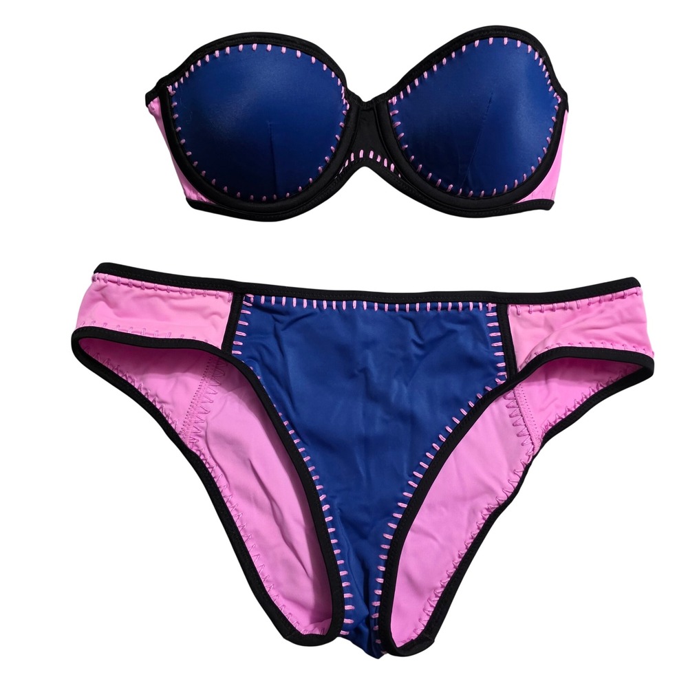 Victorias Secret The Flirt Bandeau Bikini Set Pink Navy Blue 32B Small